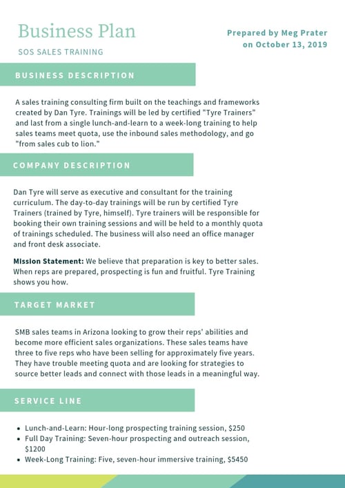 sales business plan example for sos sales training that includes business description, company description, target market, and service line